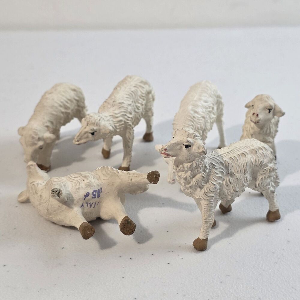 Vintage Italy Composition Set 6 Christmas Nativiry Curly Sheep 2-3" Antique Vtg